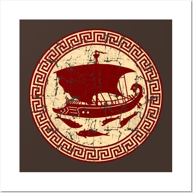 Greek Key,  Sail Ship with Dolphins, Distressed Wall Art by cartogram